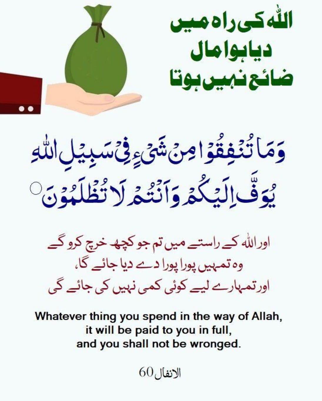 Wa Maa Tunfiqoo Min Shai’in Fee Sabeelil Laahi Yuwaffa Ilaikum Wa Antum Laa Tuzlamoon